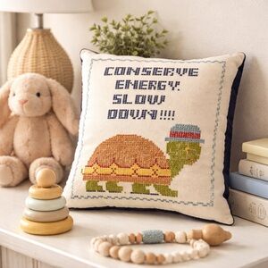 Vintage 9”x9” Cross Stitch Turtle Pillow Handmade 1980s-90s
